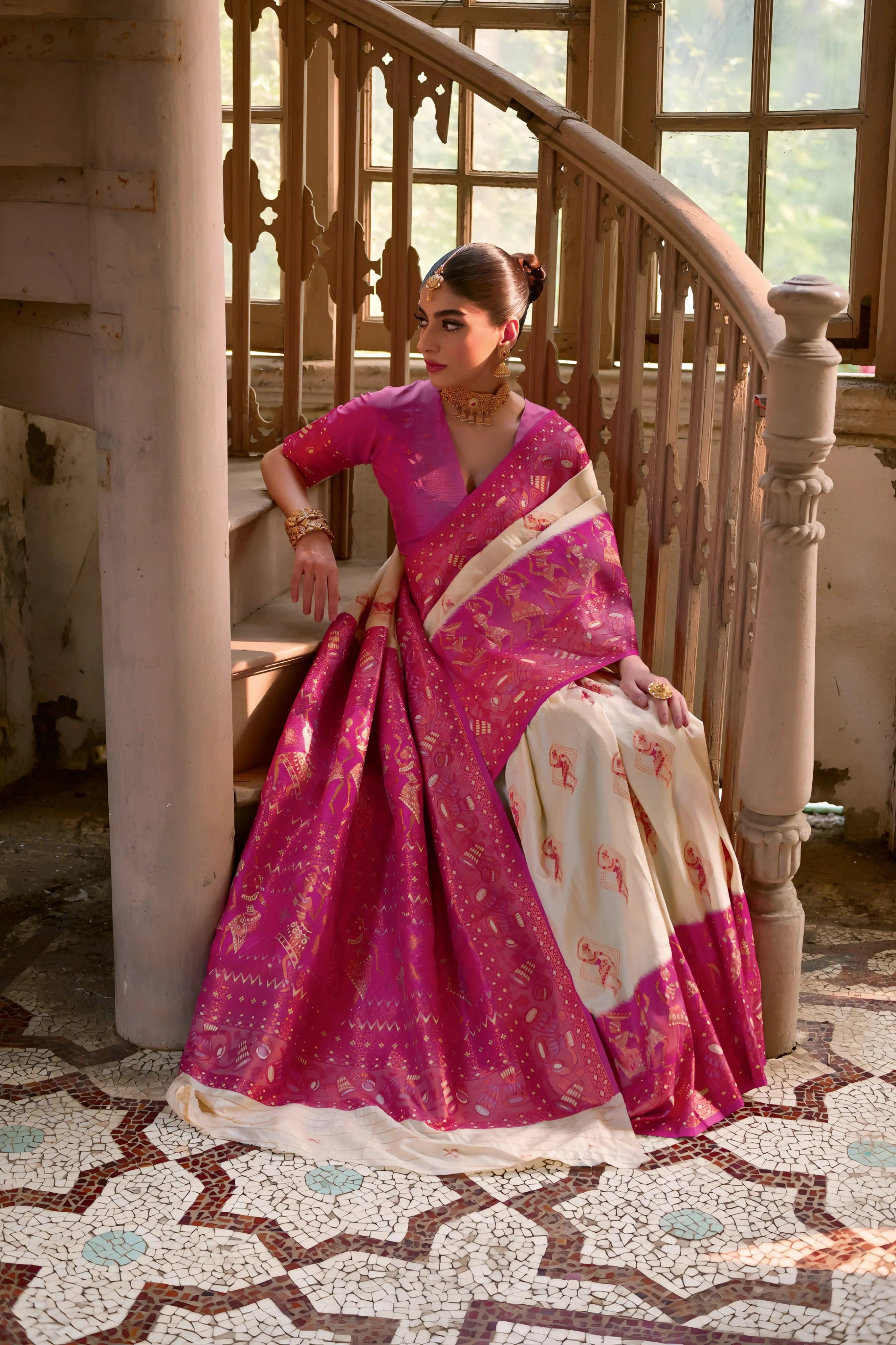 Beige Zari Weaving Banarasi Silk Saree